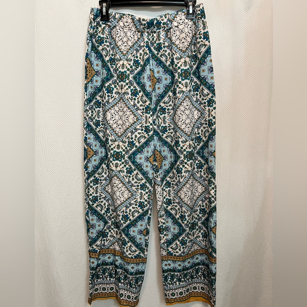 SHEIN Print Pants in Teal Gold Blue